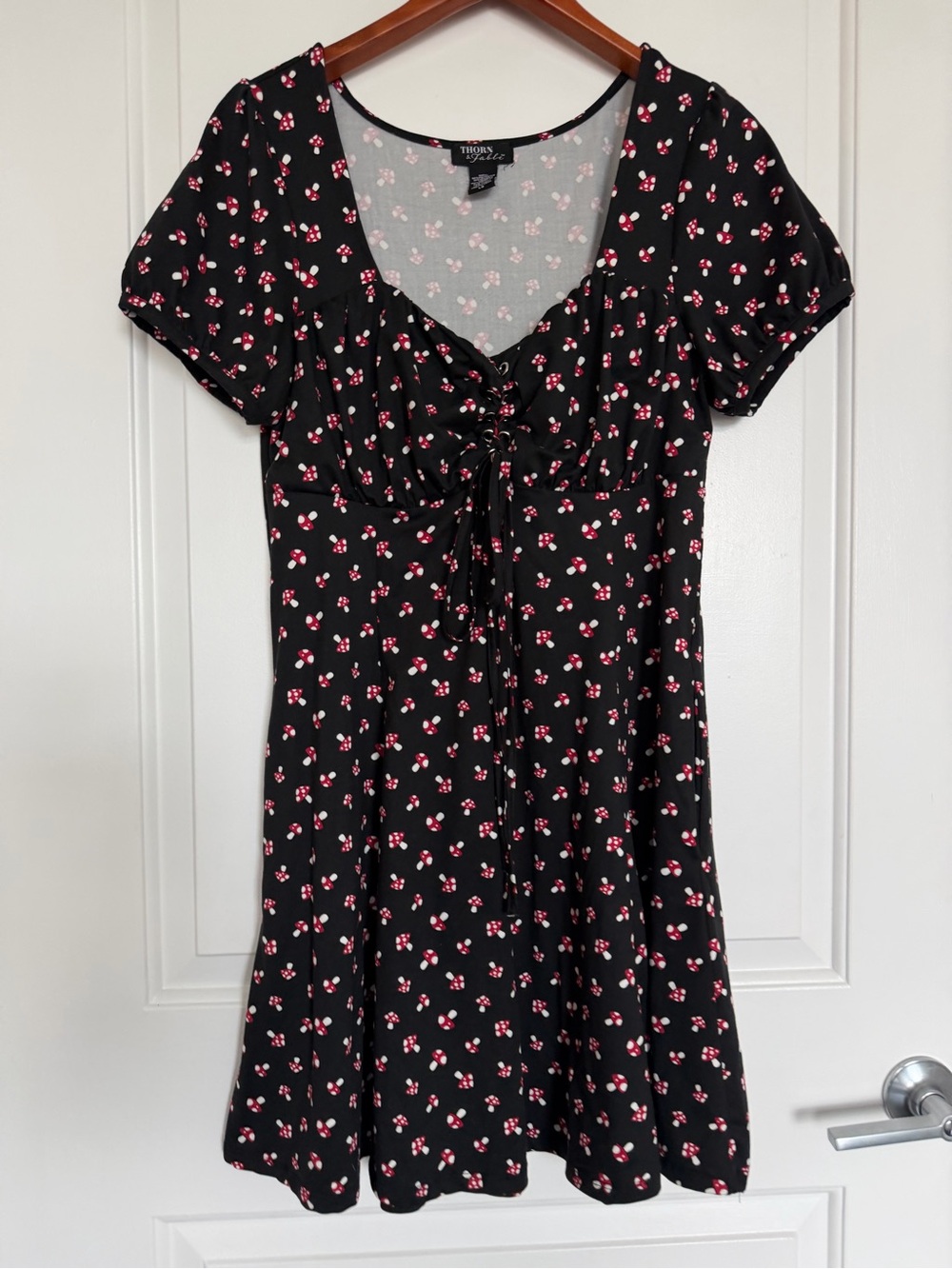 Thorn & Fable Black Red Mushroom Print Tie Front Babydoll Dress Pockets Large